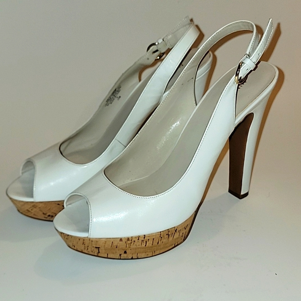 White Peep Toe Platform Slingback Heels - image 1